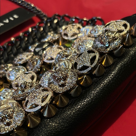 Black Shoulder Bag with Decorative Embellishments and Chain Strap - Picture 3 of 7